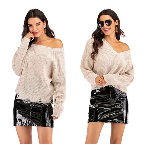 Casual Fashion V-Neck Pullover Loose Sexy Style Women's Sweater Solid Short Sweater For Women Flare Style
