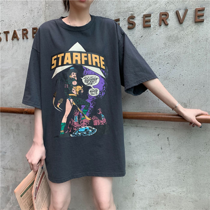 Early spring 2021 Korean version net red foreign style short sleeve, loose and lazy style, with student T-shirt and female half