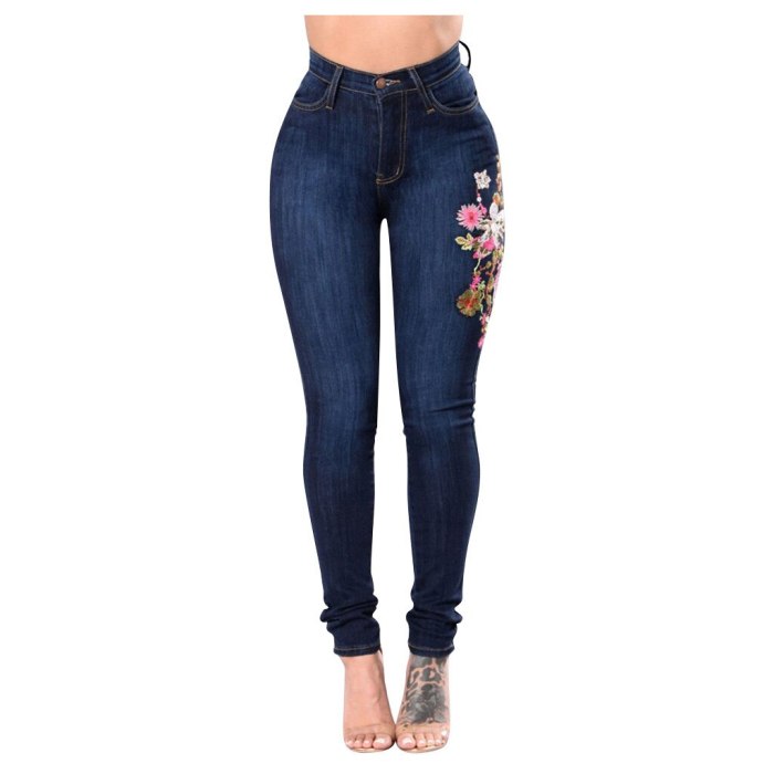 Stretch Embroidered Female Slim Denim Hole Ripped Rose Pattern Jeans