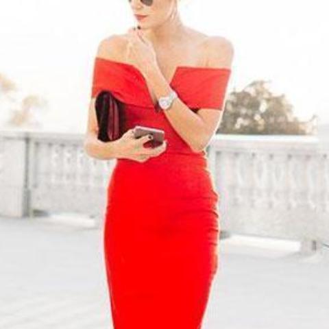Sexy Off Shoulder Plain Slim Red Bodycon Dress