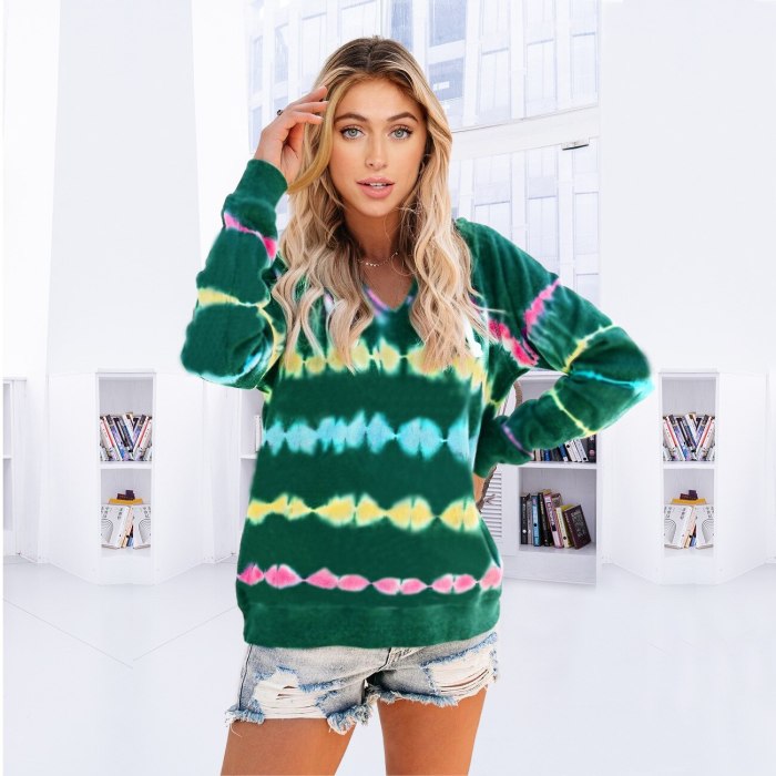 Women's New 2021 Tie-Dye Heartbeat Print Hooded Sweatshirt Top Autumn and Winter All-match Casual Loose Sweatshirt