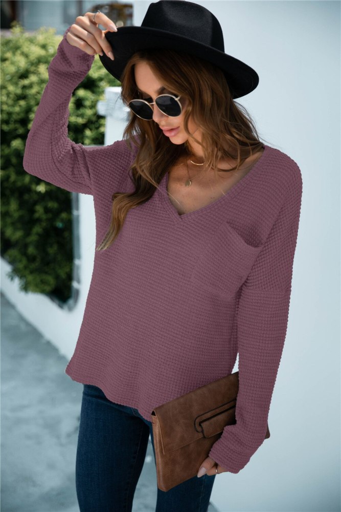 2021 Women Solid Sexy V-neck Split Pocket T-shirt Casual Long Sleeve Loose Top For Autumn