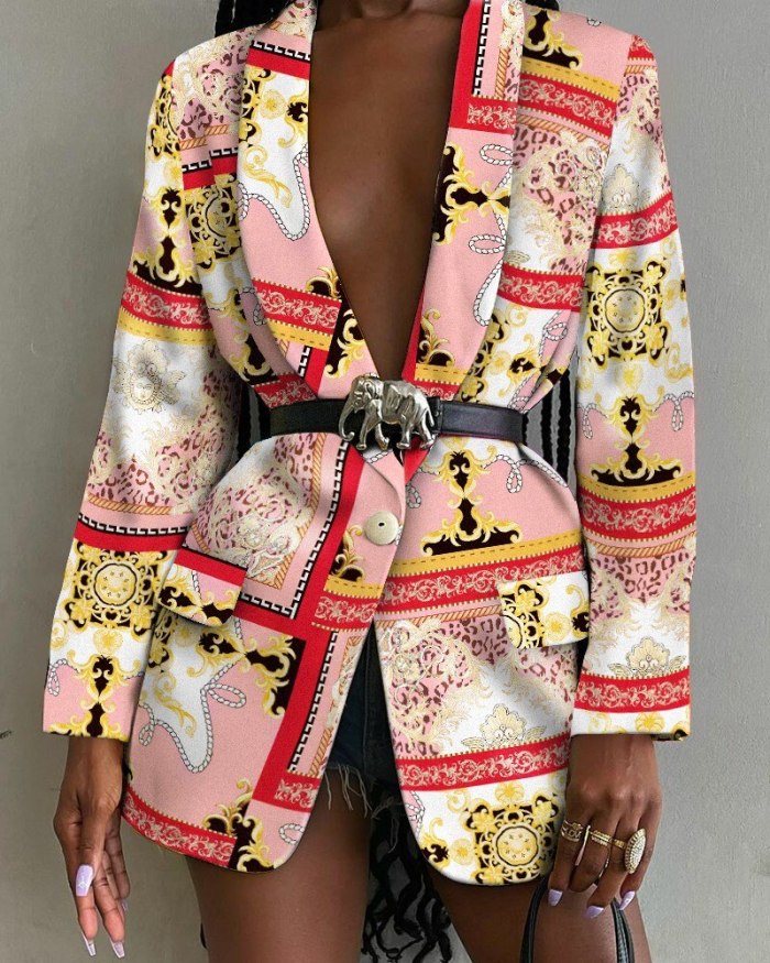 Women Vintage Print Blazer Single Breased Elegant High Street Office Lady Casual Blazer Jackets Fall Top Chaquetas Para Mujer