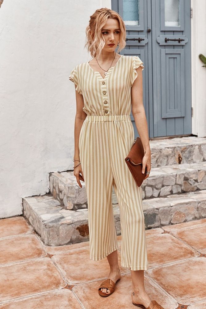 Striped Feminine Jumpsuit Summer Beach Leisure Bohemian Ruffle High Waist Fashion Women's Jumpsuit