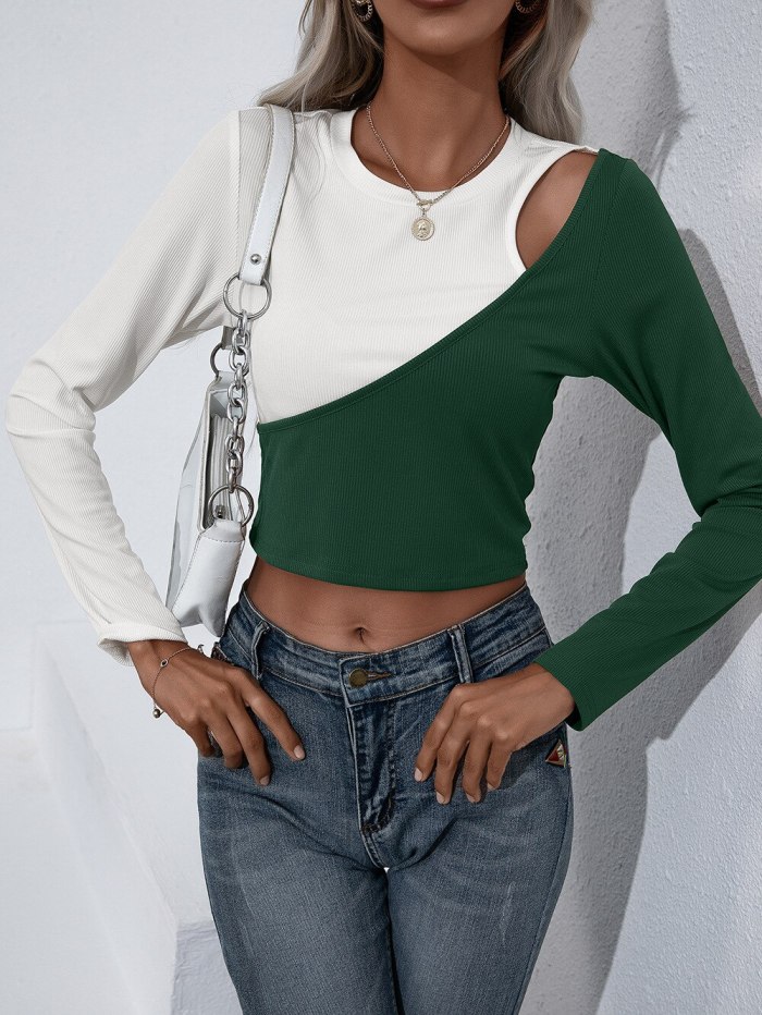 T-Shirt Women Self-cultivation Navel Stitching Color Contrast Women's Slim Super Short Sexy O-Neck Long-sleeved Strapless Top