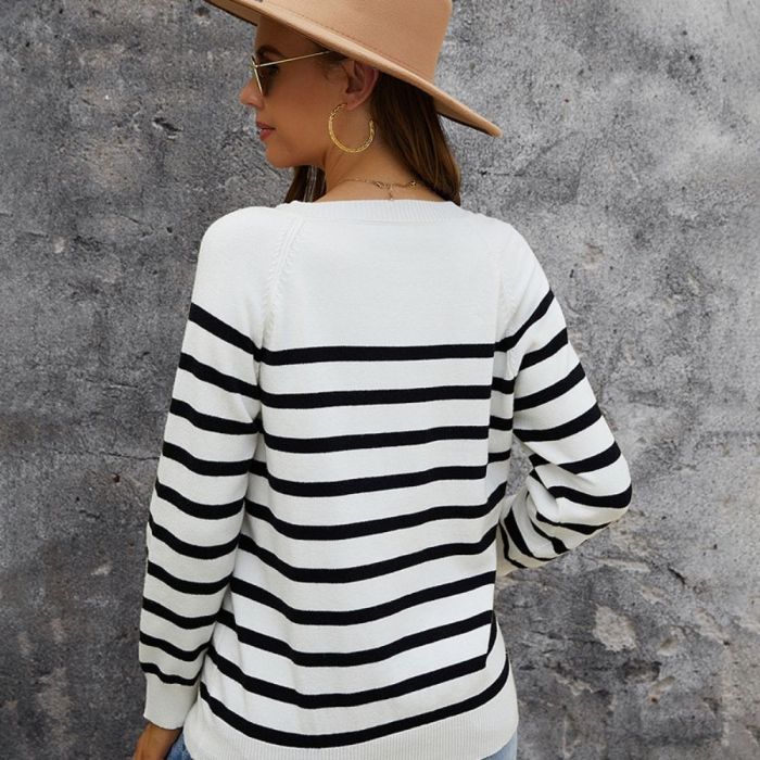 2022 Spring Autumn Women Sweater Buttons Knitted Pullovers Striped Casual Fashion Wild Vintage Ladies Long Sleeve Knitwear Tops