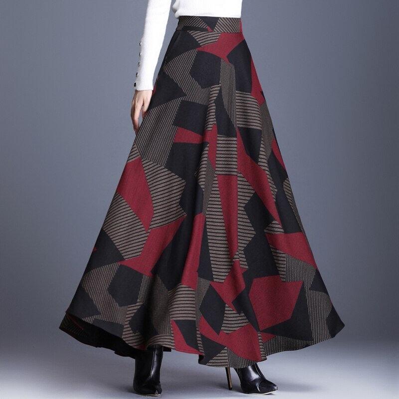 Elegant Women High Waist Retro Woolen Skirts 2020 Fashion Autumn Winter Female Wool Geometric Maxi Office Skirt Plus Size 3XLS61