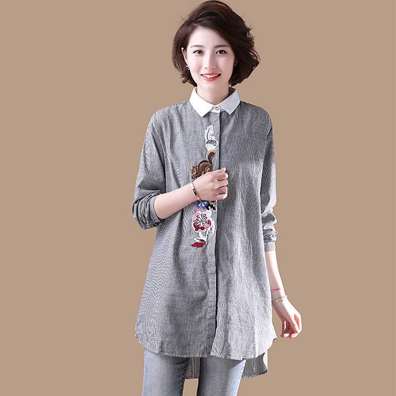Women Long Shirt Blouse Striped Embroidery Ladies Office Shirt