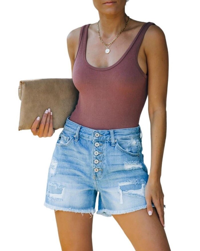 Women Fashion Pockets Ripped Denim Shorts Vintage High Waist Zipper Female Short Jeans Mujer 2021 Summer NEW