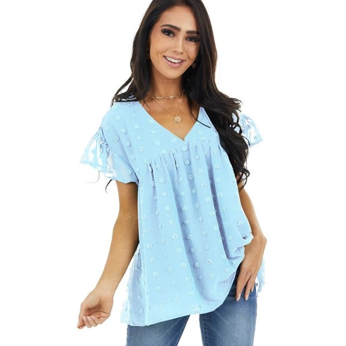 2021 Summer Short Sleeve Shirts Fashion Dot Sanding Women Tops Sexy V-Neck Loose Red Blue Blouses Female Casual Clothing Blusas