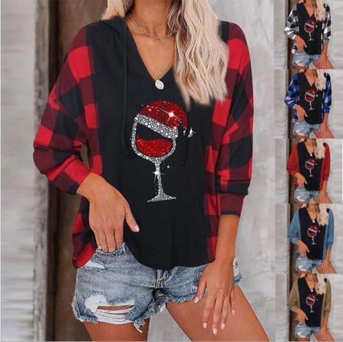 Wine Glass Printed Christmas T Shirt Women Winter Tops Plaid Long Sleeve Splicing Color T-shirt Xmas Ladies Tshirt