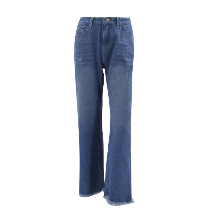 Woman Casual Jeans Mid-waist Straight Denim Clothing Blue Streetwear Vintage 2021 Fashion Harajuku Tassel Button Pants #TG