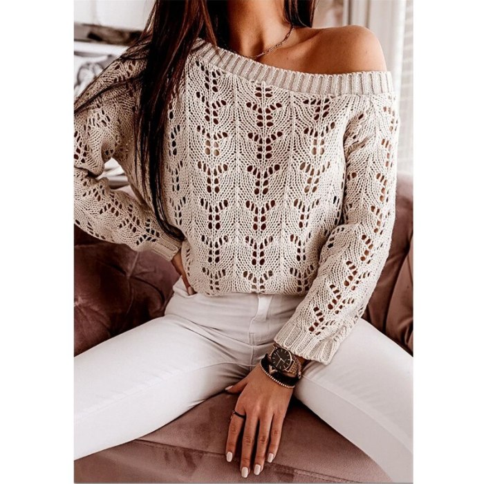 Women Pullover Sexy Hollow Out Casual Solid Color Classic Round Neck Sweater Tops Loose Autumn Spring Clothing