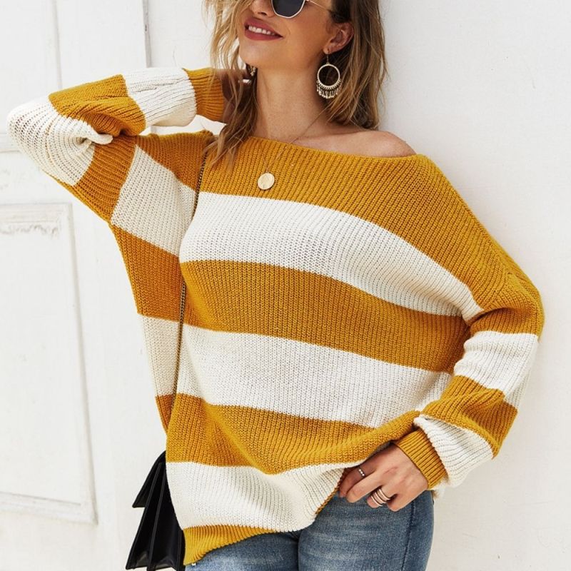 New Fashion Loose Striped Sweater Women Sexy Slash Neck Knitted Sweaters Spring Autumn Female Pullover Knit Jumpers