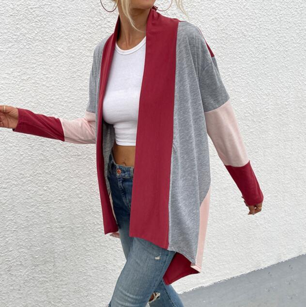 2021 Spring Autumn cardigan women Long Sleeve tops Three-color contrast Patchwork modal cardigan coat lady's blouse