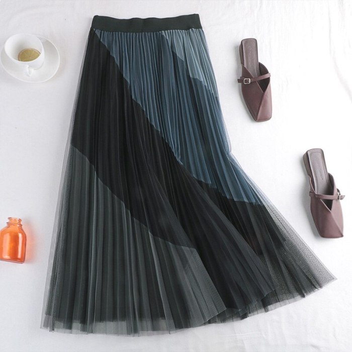 New High-Waisted Thin Elastic Waist Pleated Double-Layer Mesh Contrast Stitching Mid-Length Skirt Early Spring Female 542