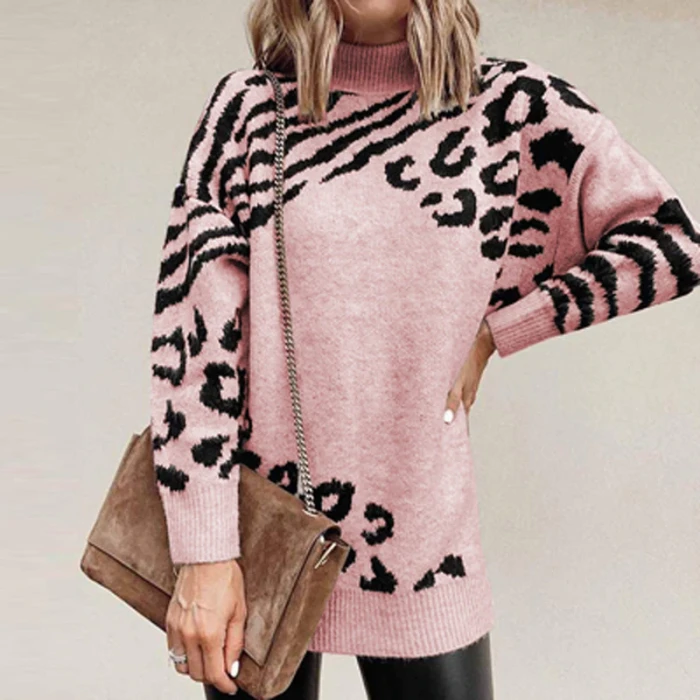 2021 Autumn Turtleneck Leopard Print Knitted Sweater Women Long Sleeve Patchwork Top Pullover Winter Casual Loose Sweater Jumper