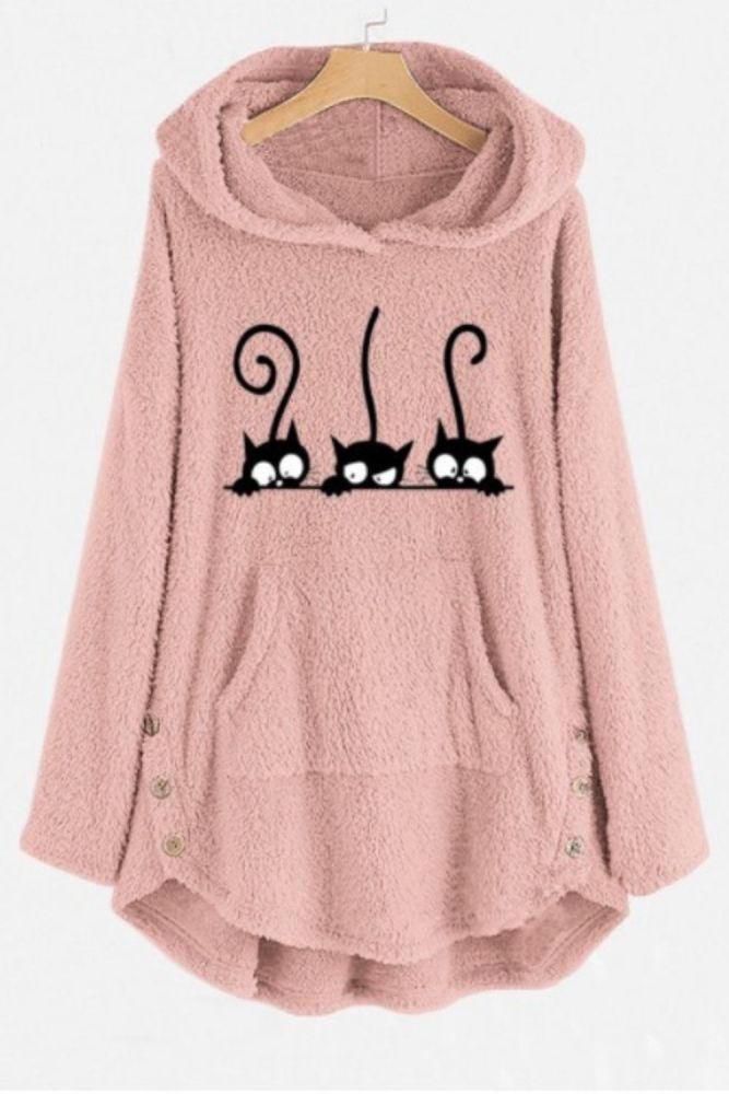Oversize Hoodie Womens Fleece Teddy Hoodies Cat Print Warm Hooded Pullover Top Sweatshirts Jumper Women Hoodie Sweatshirts 2021