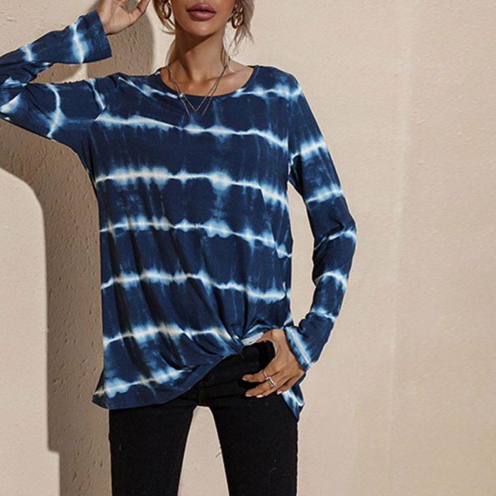 Spring And Autumn Leisure Long Sleeve T-Shirt Women's Round Neck Staining Print Striped Shirt Top