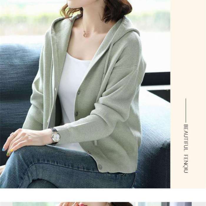 2021 Autumn Winter Women Casual Long-sleeve Knitted Hooded Cardigan Female Button Loose Sweater Lady Elegant Solid Cardigan