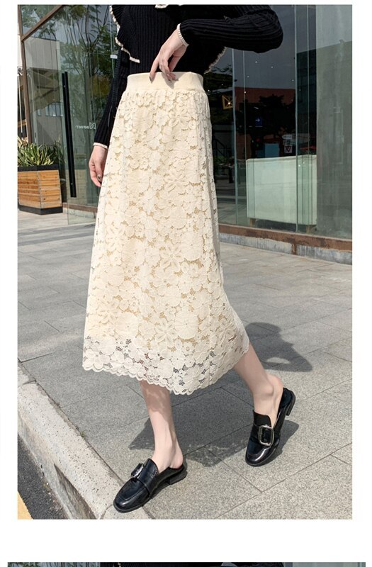 Korean Version of Thin Two-sided Skirts 2021 Spring New Lace Pleated Knitted Mid-length A-line Gauze Skirt Female Fashion Trend