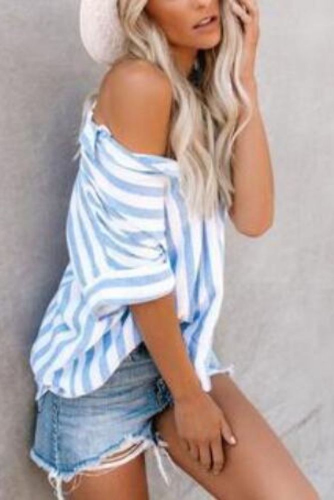 Women's Casual Short Sleeve V-neck Cardigan Blouses Summer Fashion Striped Single Breasted Loose Blouses