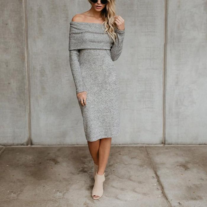 Cold Shoulder Back Slit Solid Color Sweater Dress