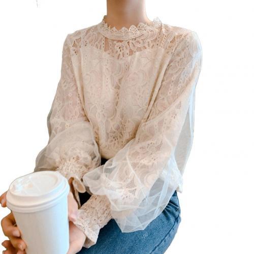Elegant Women Blouses Floral Lace Brim Hollow Out Puff Long Sleeve Blouses Shirts Women Blouse Shirt Blusas Feminina Tops White