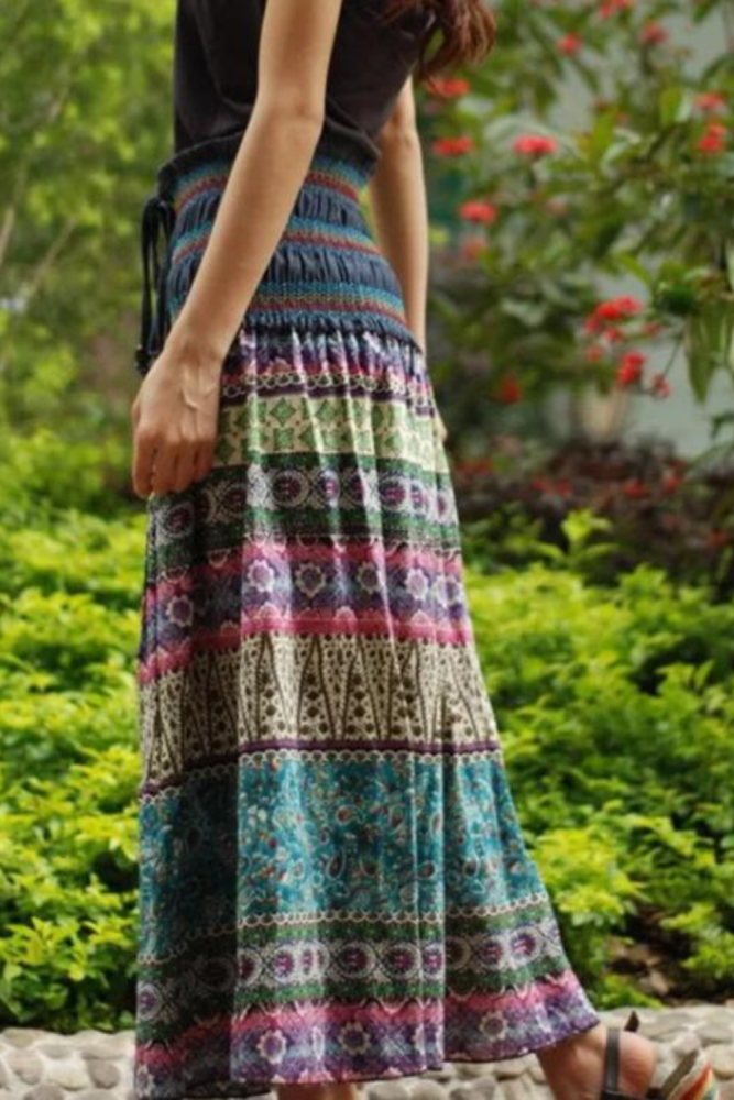 Boho Floral A-line Women's Maxi Skirt Elastic High Waist Sashes Vintage Pleated Womens Skirts 2020 Summer Fashion Clothes Female