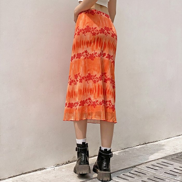 Women Long Skirt Summer Orange Floral Midi Skirt Y2K Boho Beach Skirts Female High Waist Fashion Skirts Tulle Sweet Jupe Femme