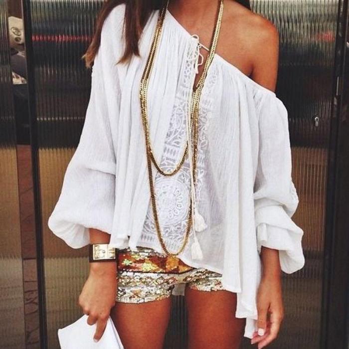 One Shoulder White Plain Long Lantern Sleeve Blouse