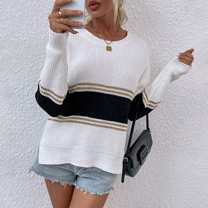 European and American sweater women 2021 fashion autumn and winter new chenille contrast striped knit sweater pullover