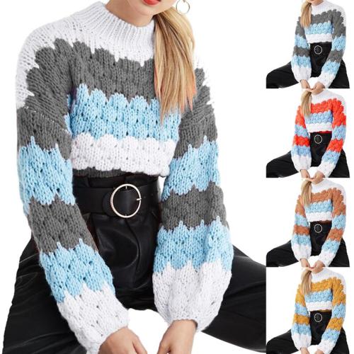 New Autumn Winter Wave Stripe Knitted Feather Hollow O-Neck Long-Sleeved High Neck Fashion Sweater Women Casual Knitted Sweaters