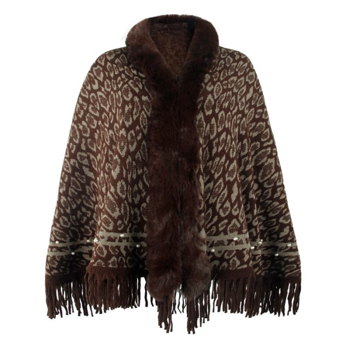 Leopard Print Fur Collar Coat Tassel Knitted Shawl Women Vintage Soft Warm Capes & Ponchos