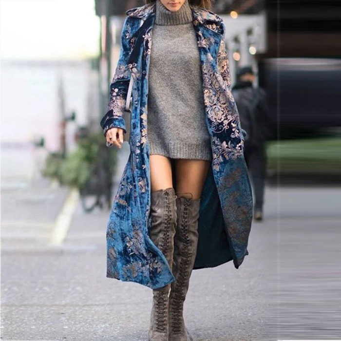 Autumn Elegant Floral Printed Cape Women Coat Winter Casual Long Trench Coat Fashion Long Sleeve Lady Double Breasted Outerwear