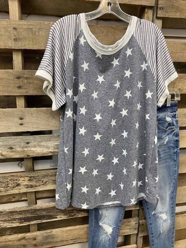 2021 Women Summer T Shirts Casual Star Printed Tee Shirts O Neck Short Sleeve Loose Plus Size T-shirt Fashion Streetwear Tops