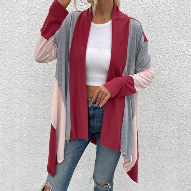 2021 Spring Autumn cardigan women Long Sleeve tops Three-color contrast Patchwork modal cardigan coat lady's blouse