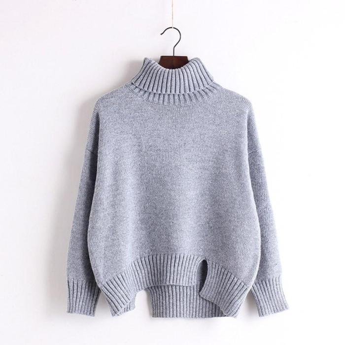 High Neck Solid Knit Pullover Short Split Sweater