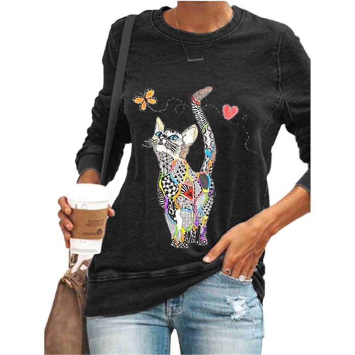 Cat Print Blouse Shirt Women Casual Long-Sleeved Pullover Tops