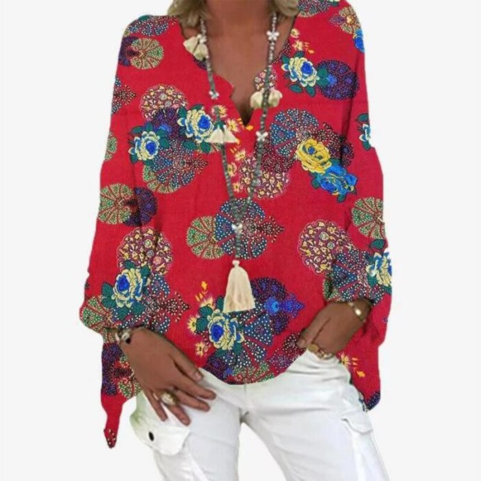 V-Neck Linen Cotton Blouse Shirts Floral Print Tops