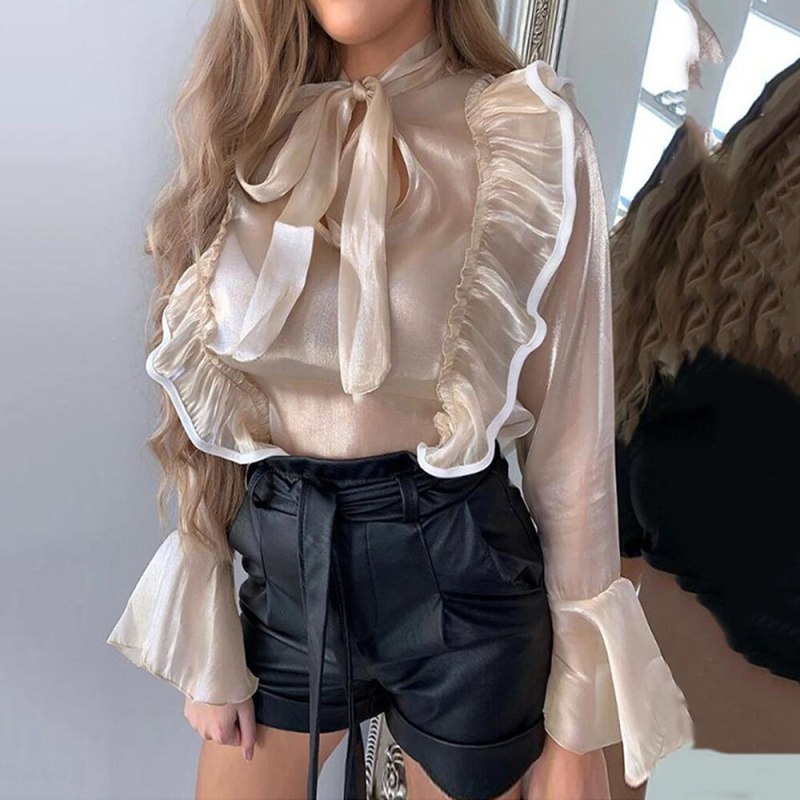 Flare Long Sleeve Women Sheer Blouse 2021 Summer Sexy Office Ladies Streetwear Ruffles Shirts Tops Transparent Blouse Female