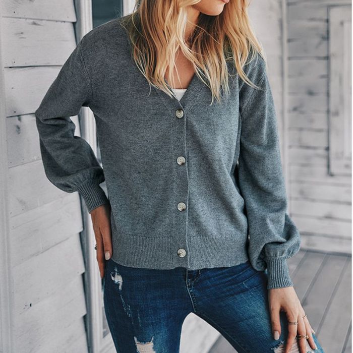 Women Long Sleeve Knitted Sweater Tops Solid Color Open Front Slim Cardigan Button Down V-Neck Coat Outwear