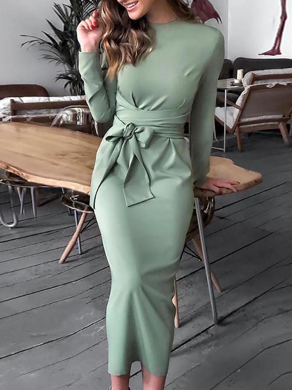 Casual Round Collar Pure Color Dress