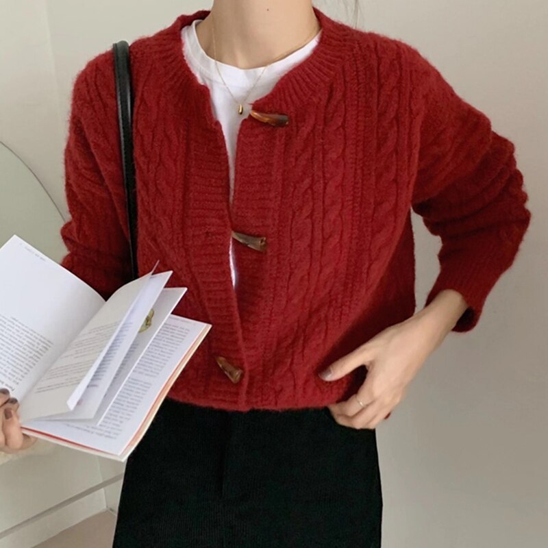 Fashion Horn Button Cardigan Women Sweater Loose Solid Twist Knit Sweater Coat Woman Korean Style O-Neck Long-Sleeved Sweaters