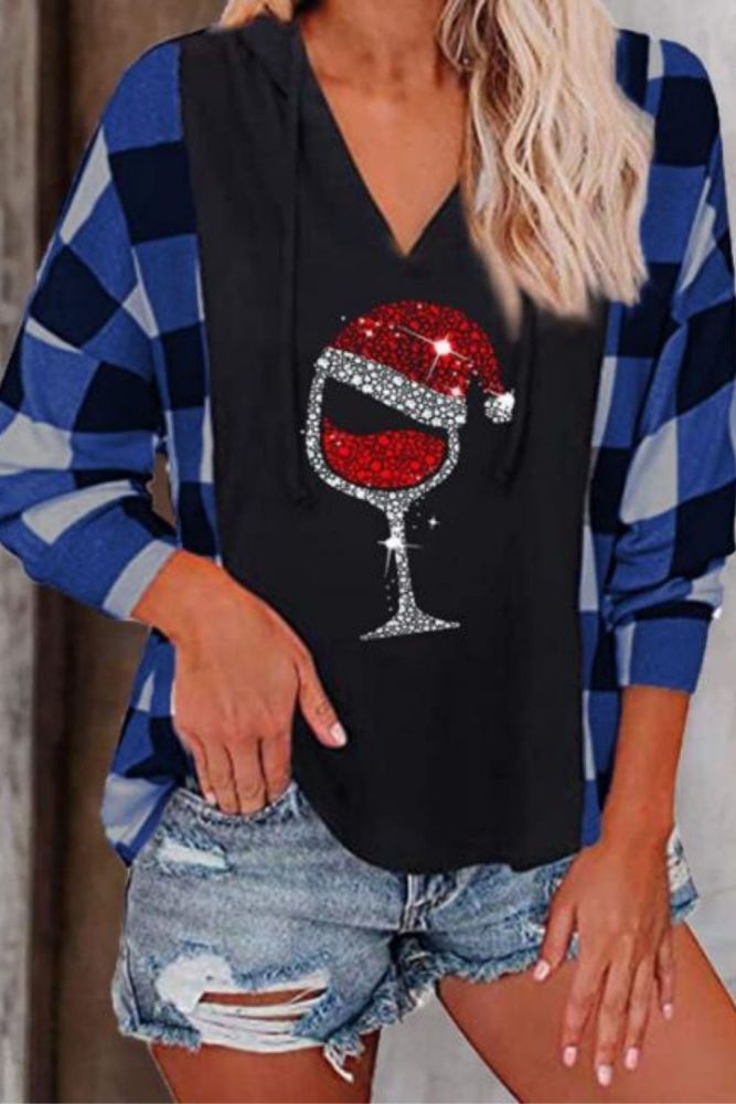 Wine Glass Printed Christmas T Shirt Women Winter Tops Plaid Long Sleeve Splicing Color T-shirt Xmas Ladies Tshirt