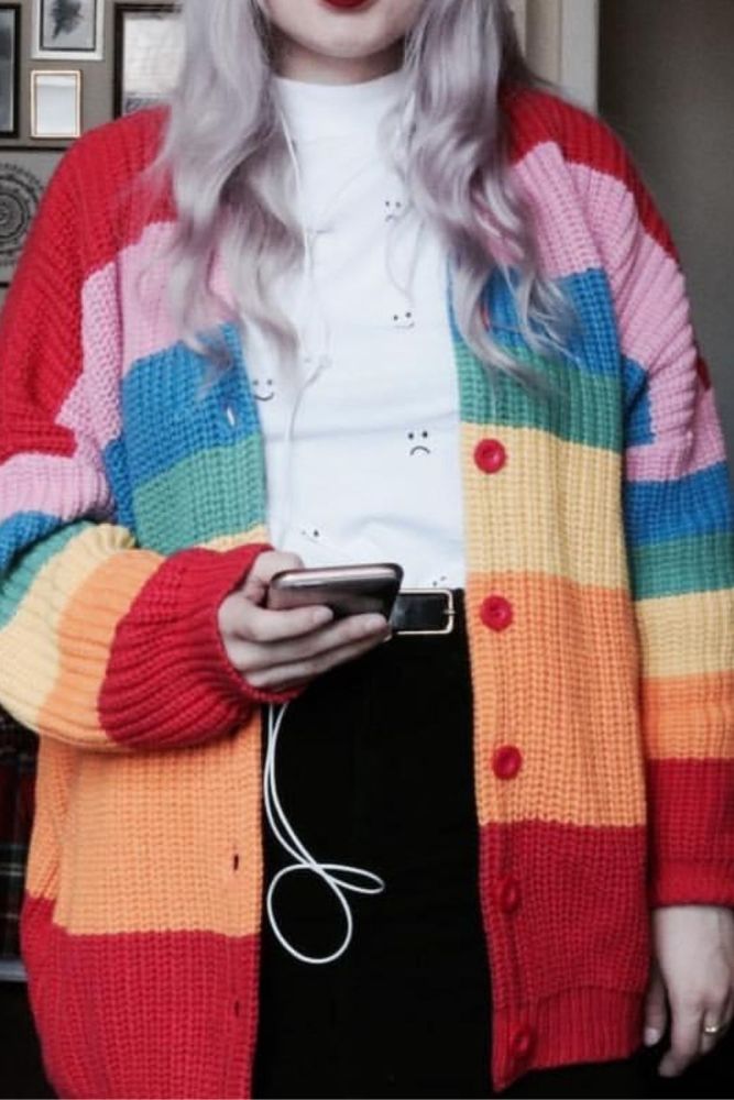 Women Sweater Cardigan Knitted Long Cardigan V Neck Vintage Rainbow Stitching Letter Cardigans Button Up Casaco Feminino