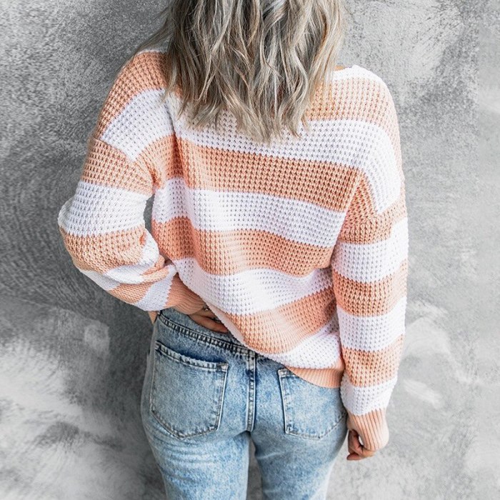 Fashion Striped V Neck Women Sweater Casual Loose Long Sleeve Pink Top Elegant Streetwear Pullover Knitted Sweaters Autumn 2021