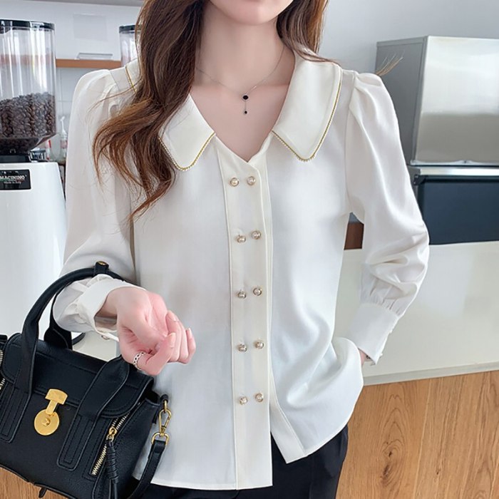 White Shirt Women Elegant Peter pan Collar 2021 Autumn Long Sleeve Fashion Double Breasted Casual Chiffon Blousee Blusas Mujer