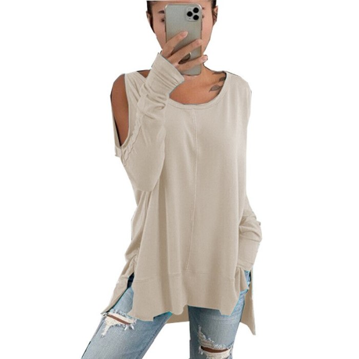 women spring hollow out shoulder Pullover loose long sleeve blouse tops solid black color plus sizes