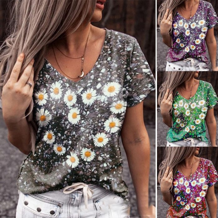 2021 Summer Daisy Print Multicolor V-neck Short-sleeved Fashion Women's T-shirt Loose Casual Style Women's Tops Plus Size S-5XL